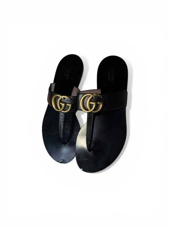 Authentic GucciI Marmont Black Leather Thong Sandals with Gold Double GG sz 38 - Picture 2 of 4